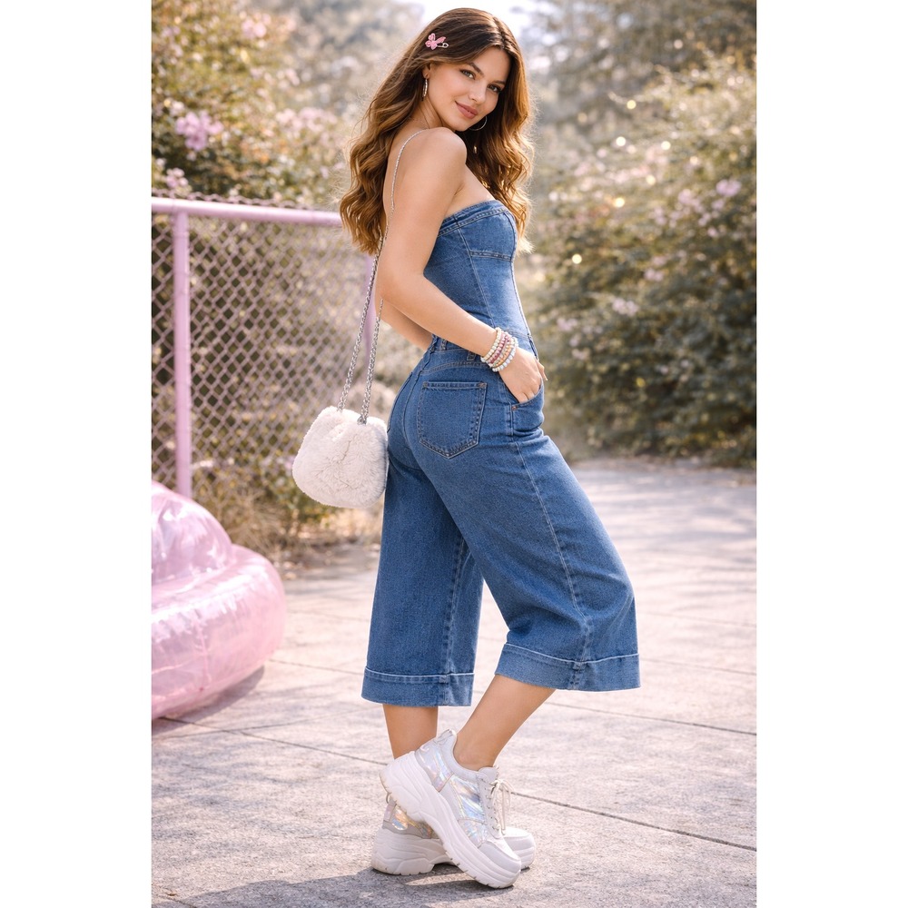 Hotkiss Y2K Strapless Blue Jeans Denim Wide Leg Jumpsuit Romper Size M